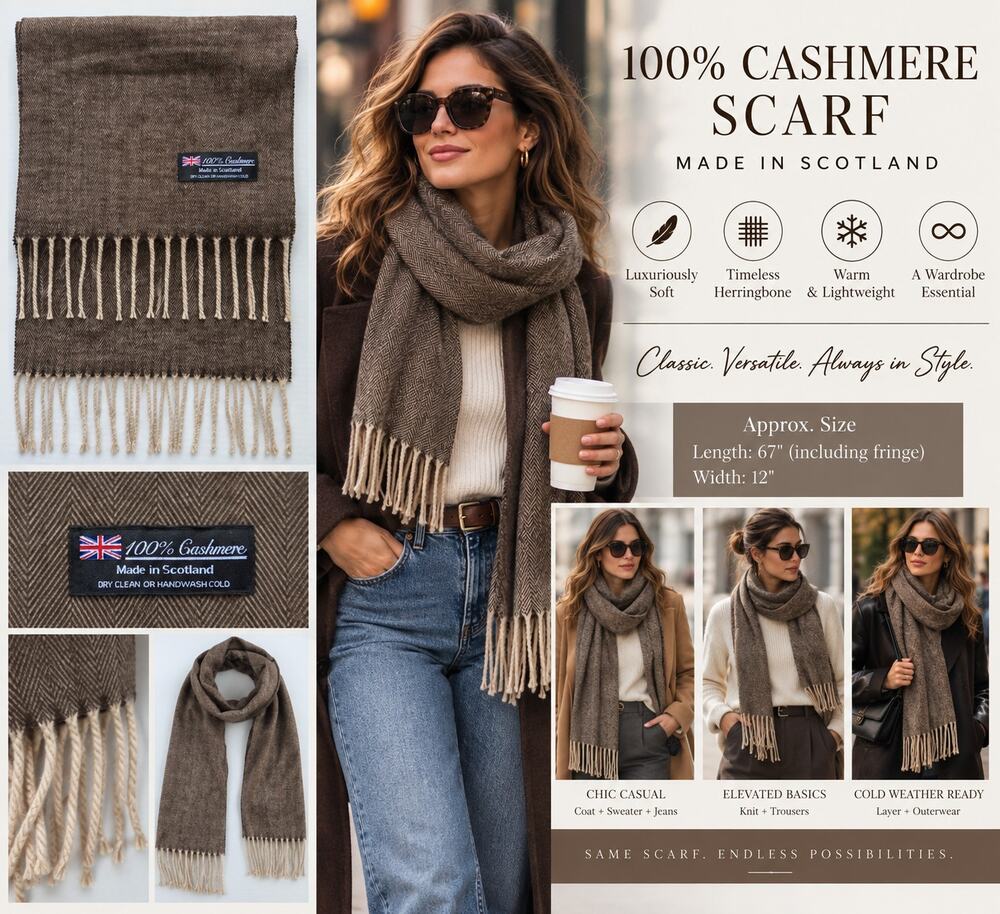 100% Cashmere Herringbone Scarf Brown Made in Scotland 67” Classic Fringe